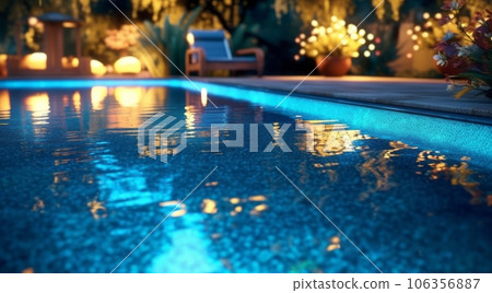 An enchanting image of a clean pool illuminated by soft lighting, with reflections dancing on the water's surface, creating a tranquil and inviting atmosphere for evening relaxation. Generative AI 106356887