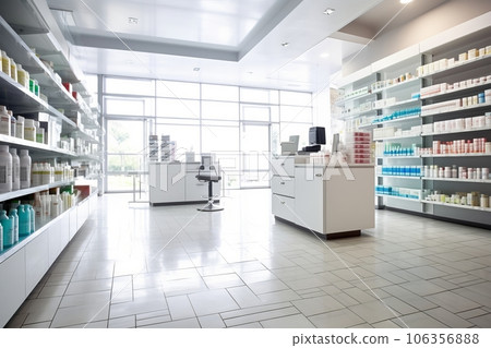 An image showcasing the clean and organized interior of a modern pharmacy, with neatly arranged shelves displaying various pharmaceutical products. Generative Ai 106356888