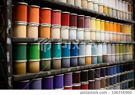 A close-up image highlighting a stack of paint canisters, paint cans, and other supplies neatly organized in a paint shop, representing the wide range of paint options available to customers. 106356900