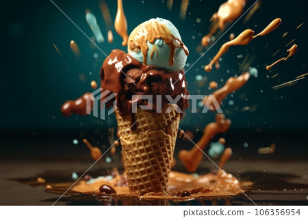 A visually stunning image showcasing a scoop of ice cream gently melting over a perfectly styled dessert, creating a mouthwatering effect that appeals to the senses. Generative Ai 106356954