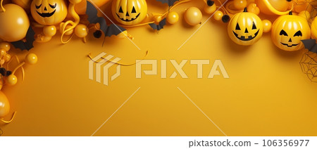 Halloween background banner, including pumpkins, balloons on the background. Studio lighting concept. 21:9 ratio for media ad. 106356977