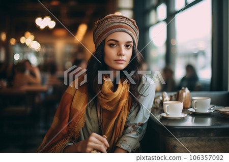 A young model wearing a stylish outfit and accessories, sitting in a trendy cafe, exuding charm and capturing the essence of urban life. Generative Ai 106357092