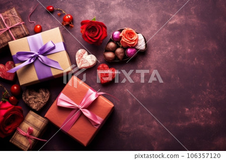 A visually appealing image displaying beautifully wrapped gifts, chocolates, flowers, and love notes, representing the act of giving and receiving tokens of affection on Valentine's Day. Generative AI 106357120
