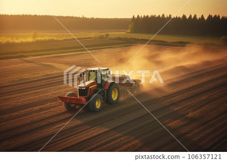 An aerial shot of a tractor plowing the fields at sunset, highlighting the modern machinery and technology used in farming practices. Generative Ai 106357121