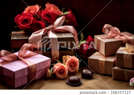 A visually appealing image displaying beautifully wrapped gifts, chocolates, flowers, and love notes, representing the act of giving and receiving tokens of affection on Valentine's Day. Generative AI A visually appealing image displaying beautifully wrapped gifts, chocolates, flowers, and love notes, representing the act of giving and receiving tokens of affection on Valentine's Day. Generative AI 106357127