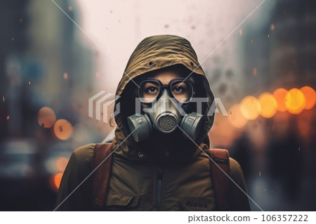 Person wearing a protective mask amidst a heavily polluted urban environment, emphasizing the health risks associated with air pollution. Generative AI Person wearing a protective mask amidst a heavily polluted urban environment, emphasizing the health risks associated with air pollution. Generative AI 106357222