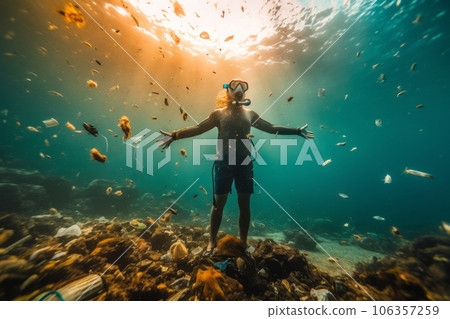 A striking image showcasing the devastating impact of pollution on the underwater world, with a diver surrounded by floating plastic waste and debris. Generative Ai A striking image showcasing the devastating impact of pollution on the underwater world, with a diver surrounded by floating plastic waste and debris. Generative Ai 106357259
