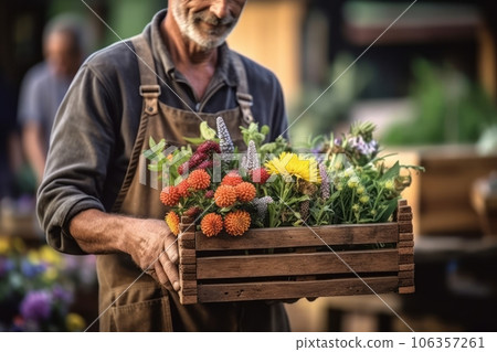 A farmer holding a crate of colorful flowers at a local farmers' market, showcasing the beauty and diversity of farm-grown floral products. Generative AI 106357261
