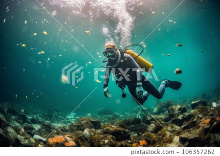 A striking image showcasing the devastating impact of pollution on the underwater world, with a diver surrounded by floating plastic waste and debris. Generative Ai A striking image showcasing the devastating impact of pollution on the underwater world, with a diver surrounded by floating plastic waste and debris. Generative Ai 106357262