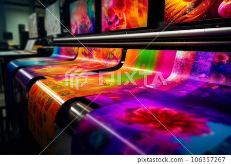 A montage of colorful printed banners and posters coming out of a high-speed roll-to-roll printer, showcasing the versatility and productivity of big ink printers. Generative AI 106357267