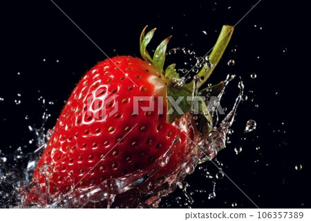 A high-speed capture of a knife slicing through a strawberry, resulting in a burst of juice and seeds, capturing the dynamic and flavorful nature of this fruit. Generative AI 106357389