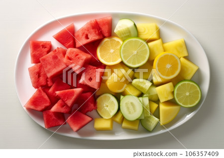 Sliced watermelon, juicy pineapple chunks, and citrus slices, arranged elegantly on a white platter, ideal for advertisements related to summer beverages, smoothies, tropical flavors. Generative AI 106357409