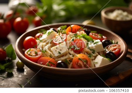 Rice salad infused with Mediterranean flavors, such as feta cheese, olives, cherry tomatoes, and fresh herbs, capturing the essence of the region's cuisine. Generative Ai 106357410