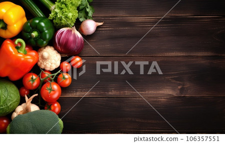 Vegetables on old wood table background. Top view. Vegetarian organic food banner. Created by AI tools 106357551