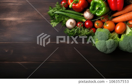 Vegetables on black wood background. Vegetarian organic food banner. Cooking ingredient. Created by AI tools 106357553