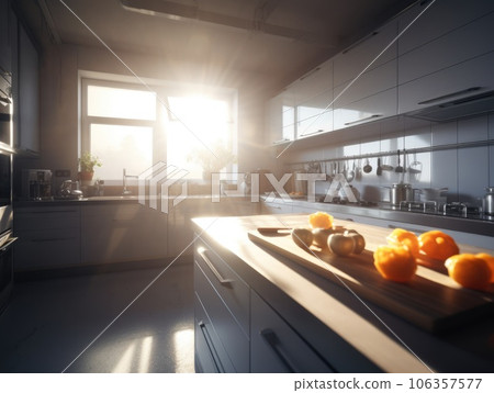 Generative AI illustration of contemporary kitchen interior with white cabinets and built in stove and oven in modern apartment with bright glass window 106357577