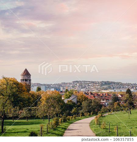 Germany, Stuttgart panorama view. Beautiful houses in autumn, Sky and nature landscape. Vineyards in Stuttgart - colorful wine growing region in the south of Germany with view over Neckar Valley 106357855