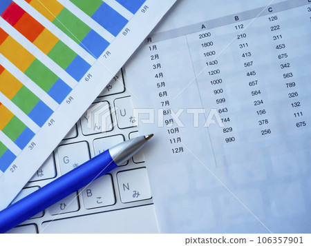 Graphs, documents and a keyboard on the table Graphs, documents and a keyboard on the table 106357901
