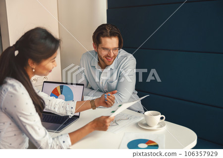 Two business colleagues working together with financial statements in stylish meeting room Two business colleagues working together with financial statements in stylish meeting room 106357929