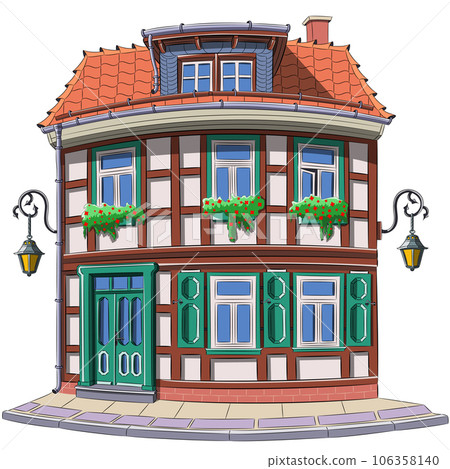 Color drawing of an old half-timbered house in flowers in Wernigerode isolated on a white background. Germany. 106358140