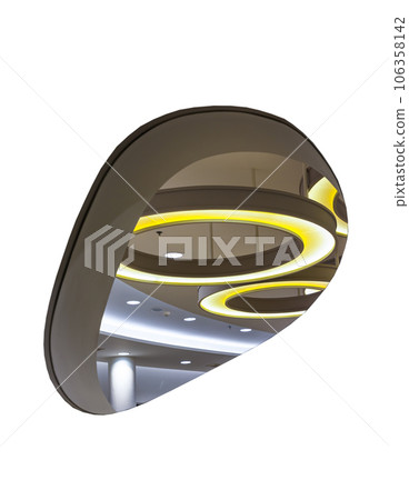 See the Hanging rounded ceiling mounted light fixtures with modern LED light bulb. Looking through Glass wall panels isolated on white background with clipping path. See the Hanging rounded ceiling mounted light fixtures with modern LED light bulb. Looking through Glass wall panels isolated on white background with clipping path. 106358142