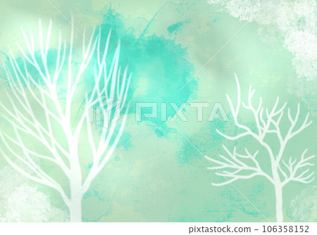 夢幻般的綠色森林、白樹和模糊的水彩風景圖 106358152