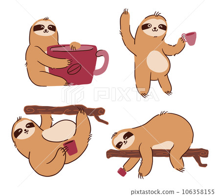 Sloth bears with cup of coffee . Hand drawn style . White isolate background . Vector . Sloth bears with cup of coffee . Hand drawn style . White isolate background . Vector . 106358155