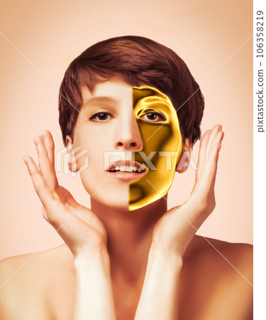 Woman gold mask, beautiful model with golden skin cosmetic touch face, beauty skincare 106358219
