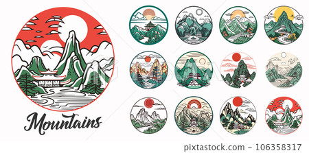 Mountain vector emblem logo templates collection. Mountain, forest and sun vector illustration. 106358317