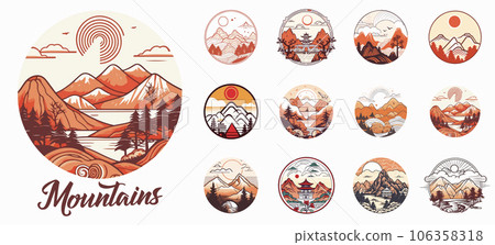 Mountain vector emblem logo templates collection. Mountain, forest and sun vector illustration. 106358318