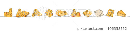 Cheese one line colored continuous drawing. Cheese products continuous one line illustration. Vector minimalist linear illustration. 106358532