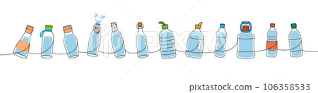 Bottles one line colored continuous drawing. Empty glass and plastic bottles continuous one line illustration. Vector minimalist linear illustration. 106358533