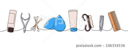 Makeup tools one line colored continuous drawing. Cosmetic cream, nail tongs, sponge, manicure brush, hair comb continuous one line illustration. 106358536