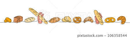 Set of breads one line colored continuous drawing. Wheat bread, pretzel, ciabatta, croissant, braided bread, baguette continuous one line illustration 106358544