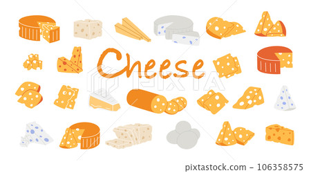 Cheese products. Pieces of cheese with internal holes. Cheddar, camembert, brick, mozzarella, maasdam, brie, roquefort, gouda, feta and parmesan. 106358575
