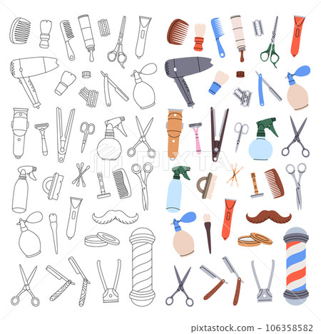 Hairdressing tools for barber shop design. Barbershop equipments vertical banner. Barber pole, razor blade, hair clipper, scissors, comb, dryer. 106358582