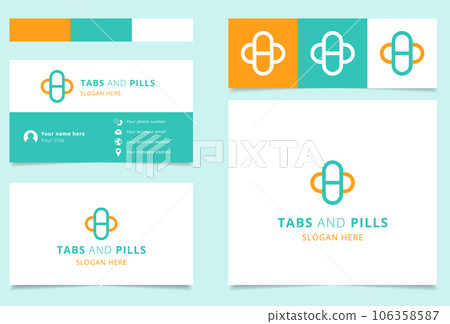 Tabs and pills logo design with editable slogan. Branding book and business card template. 106358587