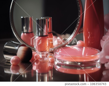 Luxurious pink make up and perfume set on the pink table. Generative AI 106358743