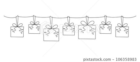 Gift boxes with bows hand drawing single line. Vector stock illustration isolated on background for design template Christmas, wedding or birthday banner, invitation, greeting card. Editable stroke. 106358983