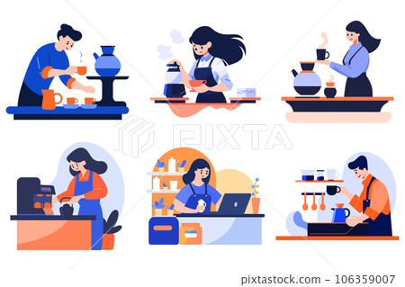 Hand Drawn Barista making coffee happily in flat style 106359007