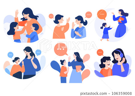 Hand Drawn mother and child talking happily in flat style 106359008