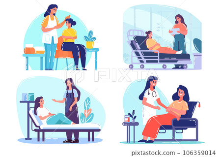 Hand Drawn Doctor talking to patient at hospital in flat style Hand Drawn Doctor talking to patient at hospital in flat style 106359014