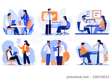 Hand Drawn Doctor talking to patient at hospital in flat style Hand Drawn Doctor talking to patient at hospital in flat style 106359015