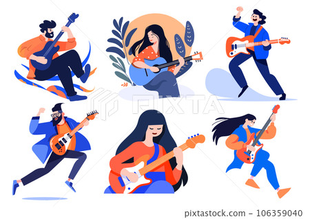Hand Drawn musicians playing guitar and singing in flat style Hand Drawn musicians playing guitar and singing in flat style 106359040
