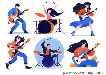Hand Drawn musicians playing guitar and singing in flat style 106359042