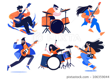 Hand Drawn musicians playing guitar and singing in flat style Hand Drawn musicians playing guitar and singing in flat style 106359044