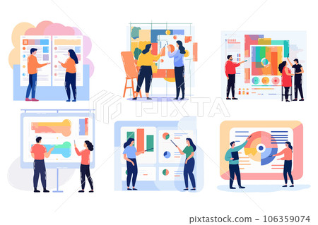 Hand Drawn Group of business people with presentations in flat style Hand Drawn Group of business people with presentations in flat style 106359074