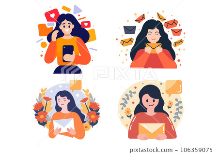 Hand Drawn happy woman with envelopes in flat style Hand Drawn happy woman with envelopes in flat style 106359075