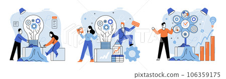 Team solving complex problems. Teamwork vector illustration metaphor. Time management and planning concept, right management Mission of business, values, human resource in solving problem, experience 106359175