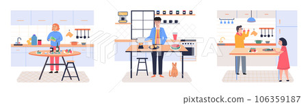 People cook food at home together set. Men and women at kitchen table cooking breakfast, lunch, dinner dishes, preparing salad and vegetarian dish. Characters preparing healthy homemade food People cook food at home together set. Men and women at kitchen table cooking breakfast, lunch, dinner dishes, preparing salad and vegetarian dish. Characters preparing healthy homemade food 106359187